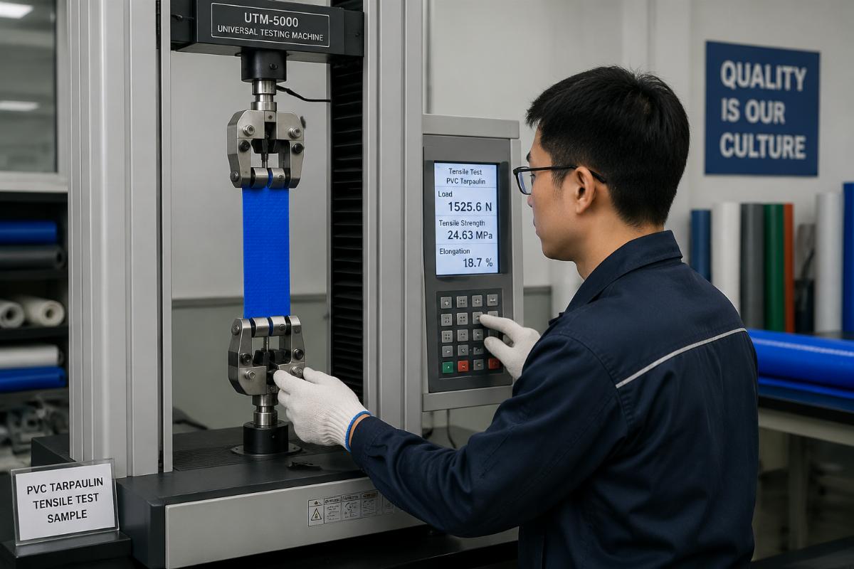 Technician testing tensile strength of PVC tarpaulin sample in a factory lab