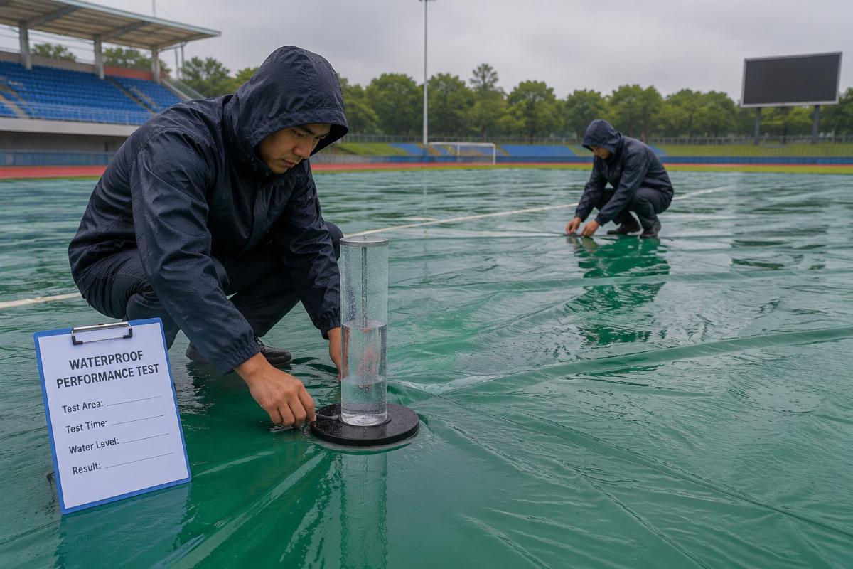 Technicians testing the waterproof performance of a sports ground cover tarp