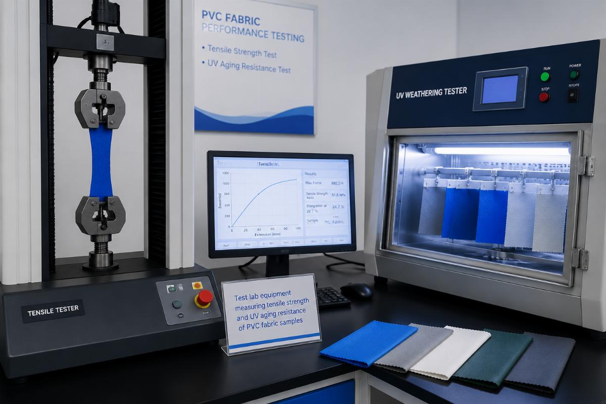 Test lab equipment measuring tensile strength and UV aging resistance of PVC fabric samples