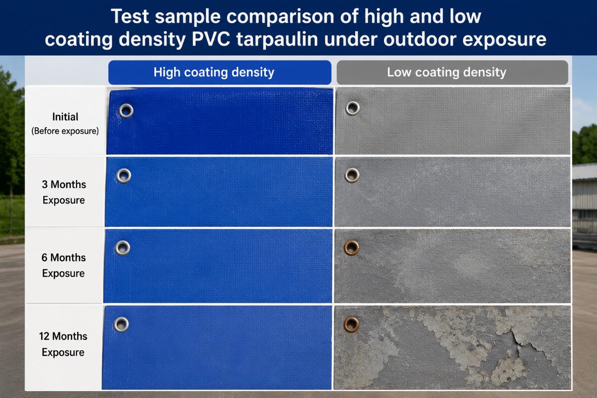 Test sample comparison of high and low coating density PVC tarpaulin under outdoor exposure