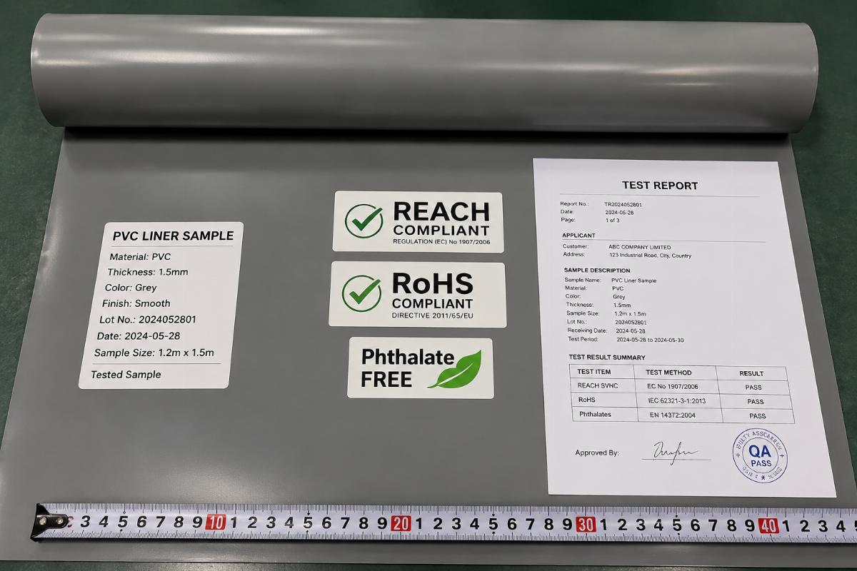 Tested PVC liner sample with compliance labels laid out for inspection