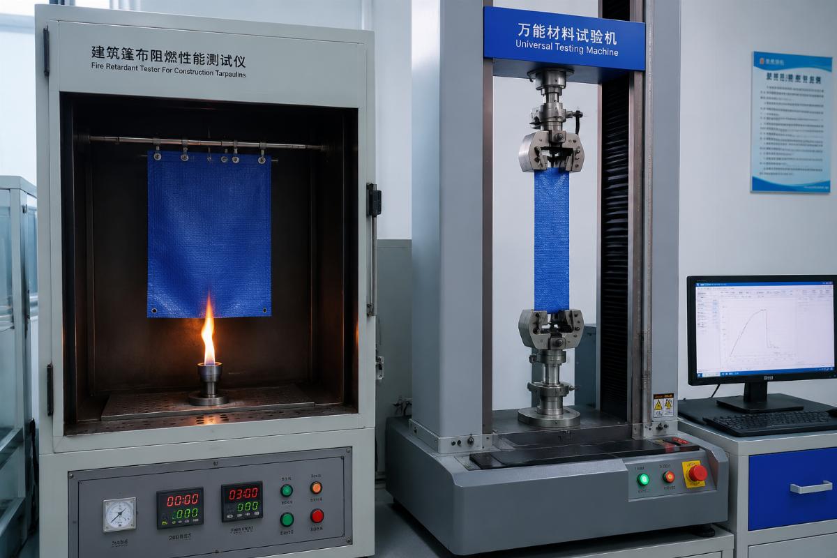 Testing equipment for fire-retardant and tensile strength evaluation of construction tarpaulins