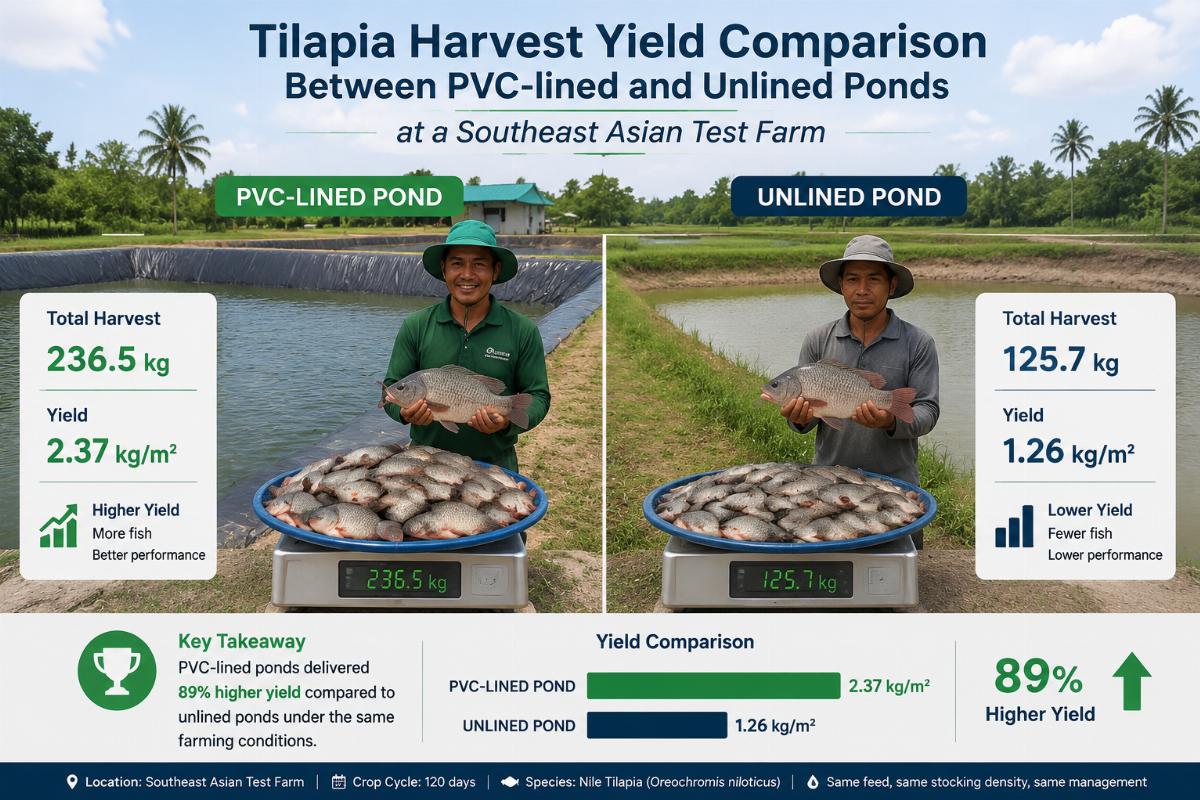 Tilapia harvest yield comparison between PVC-lined and unlined ponds at a Southeast Asian test farm