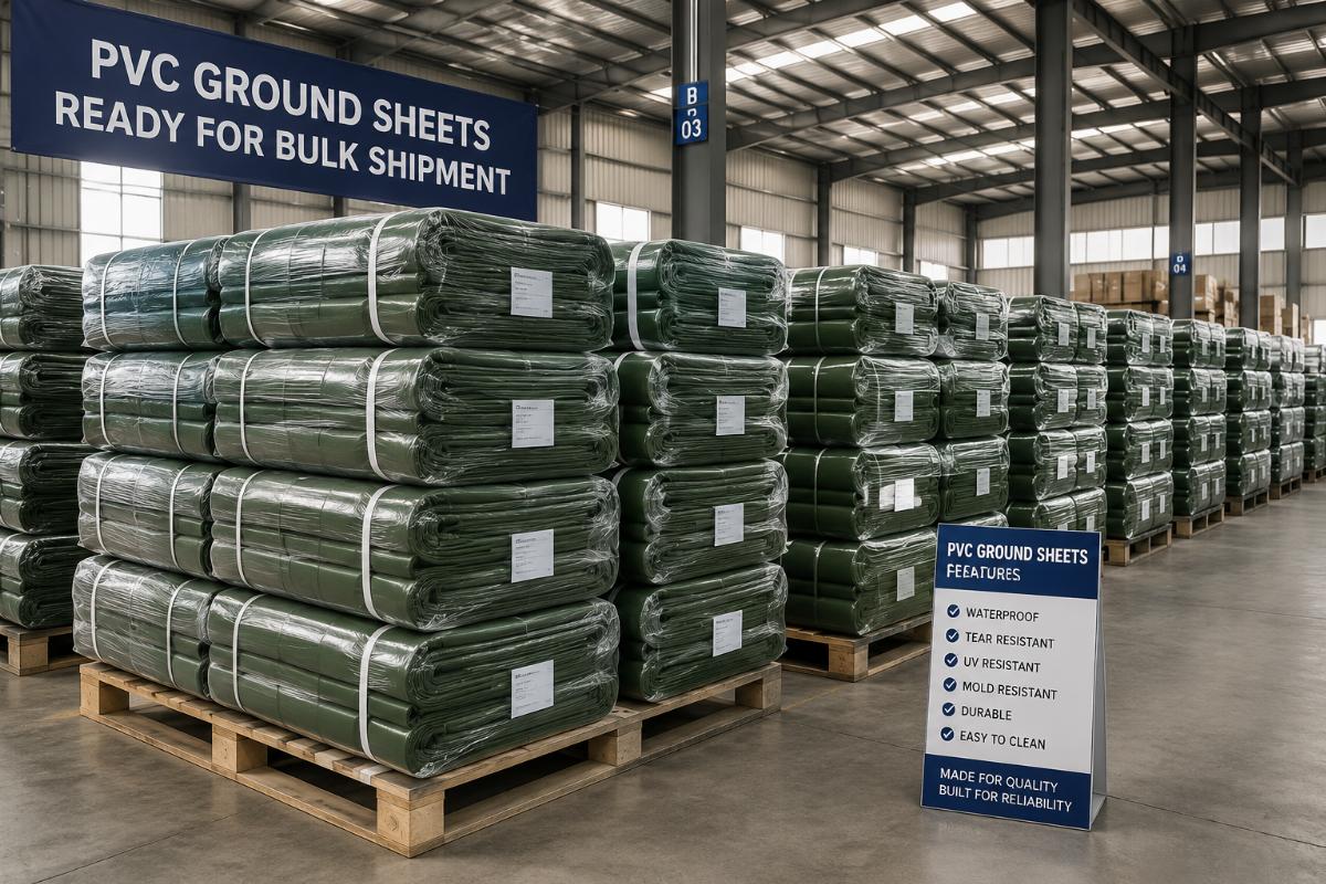 Warehouse of stacked PVC ground sheets ready for bulk shipment