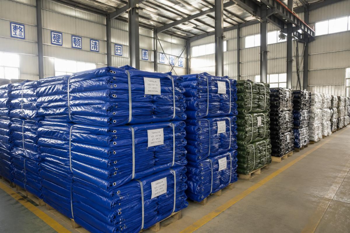 Warehouse shot of stacked factory tarpaulin units ready for shipping