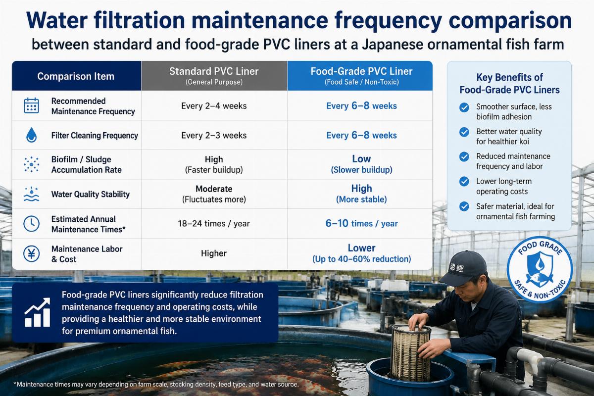 Water filtration maintenance frequency comparison between standard and food-grade PVC liners at a Japanese ornamental fish farm