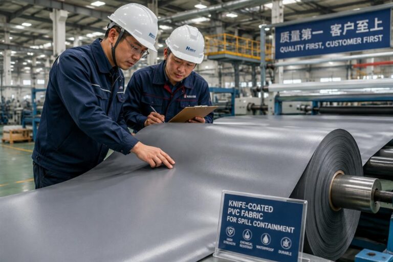 Workers inspecting roll of knife-coated PVC fabric for spill containment at a production facility