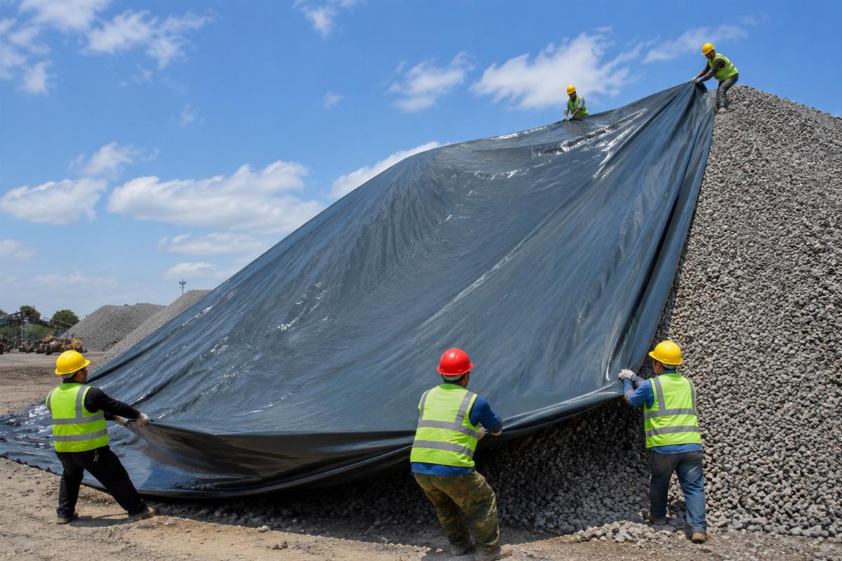 Workers installing a single-piece heavy-duty PVC cover on a large gravel stockpile
