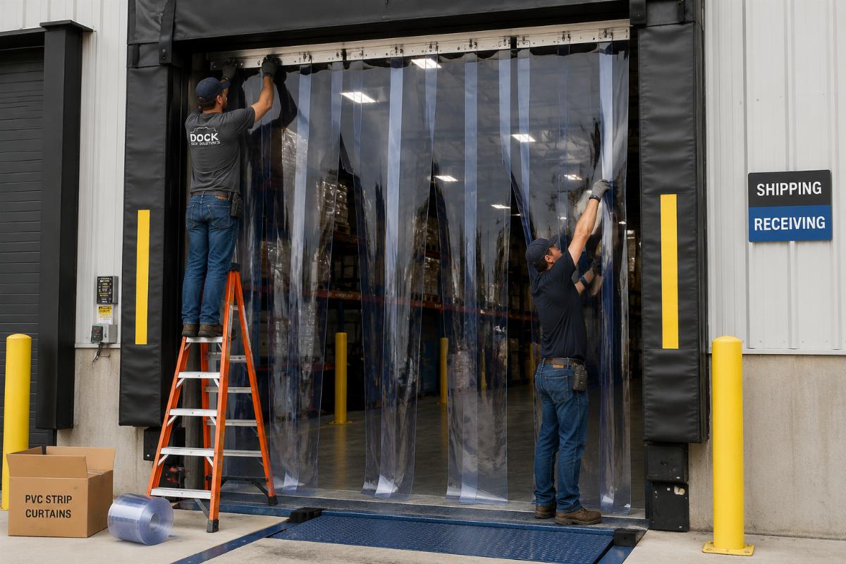 Workers installing custom PVC strip curtains on a warehouse loading dock
