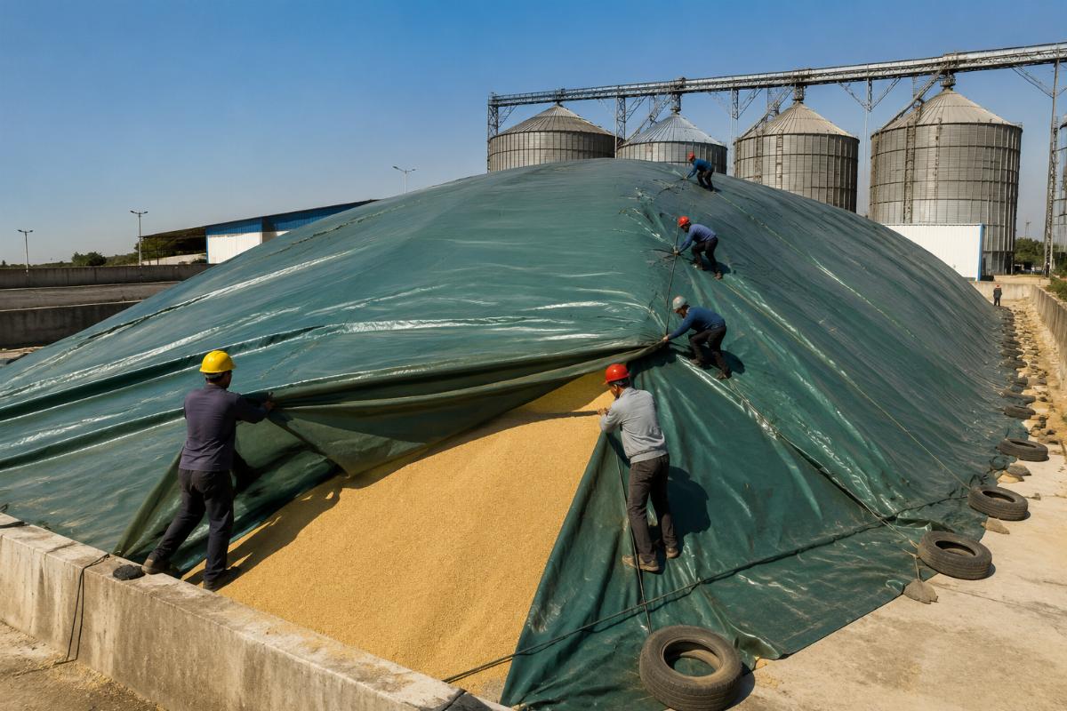 Workers installing custom PVC tarpaulin over a large grain stockpile at a bulk storage facility