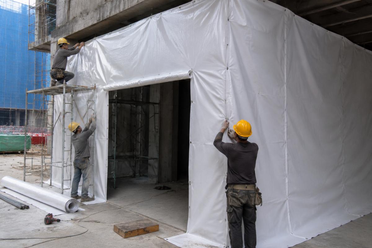 Workers installing PVC tarpaulin temporary enclosure at a construction site