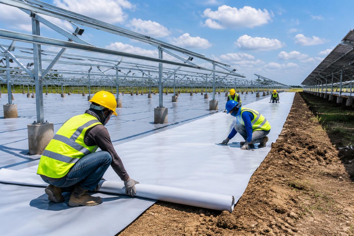 Workers laying custom cut PVC tarpaulin for solar ground mounting