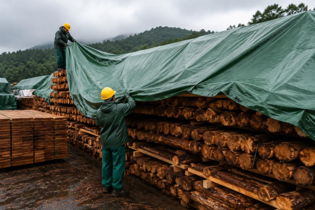 Workers laying custom-sized log and lumber cover tarps over a stacked timber yard