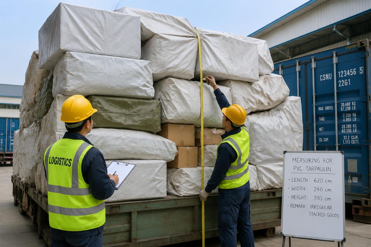 Workers measuring irregularly stacked goods for PVC tarpaulin sizing